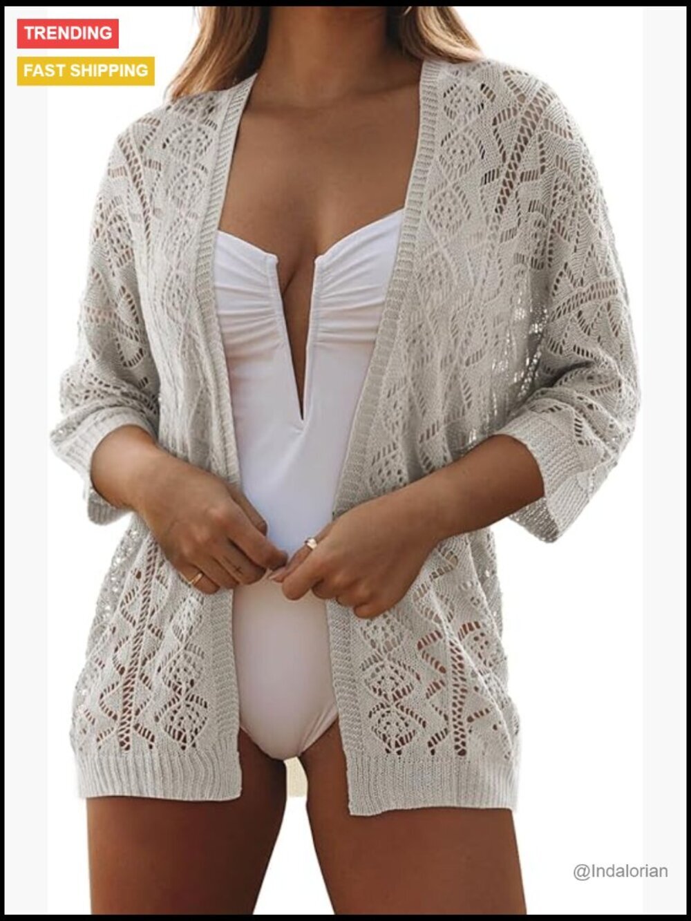 3/4 Sleeve Crochet Open Front Cardigan Beach Coverup Summer Lightweight